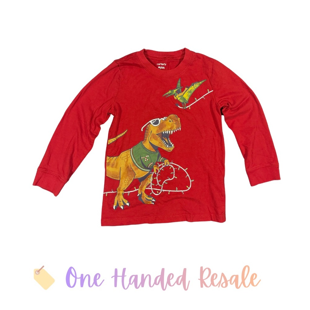 🦖 Carter's Kids Red Long Sleeve T-Rex Dinosaur Christmas String Lights Tee 4T